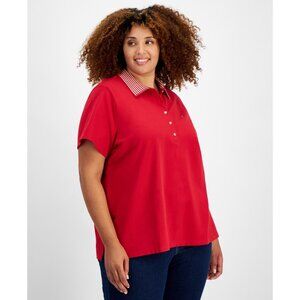 Tommy Hilfiger Plus Size 0X Striped-Collar Polo Shirt Red MSRP $70